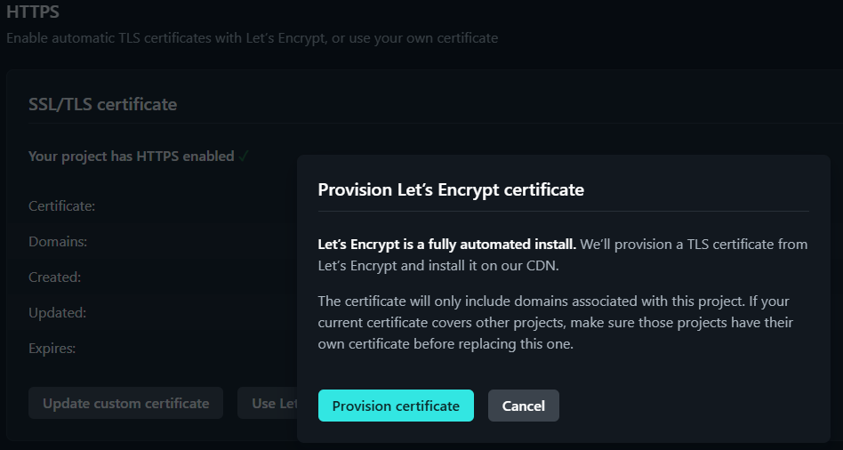 Netlify Domain Management Screen Let&#39;s Encrypt Certificate Provision