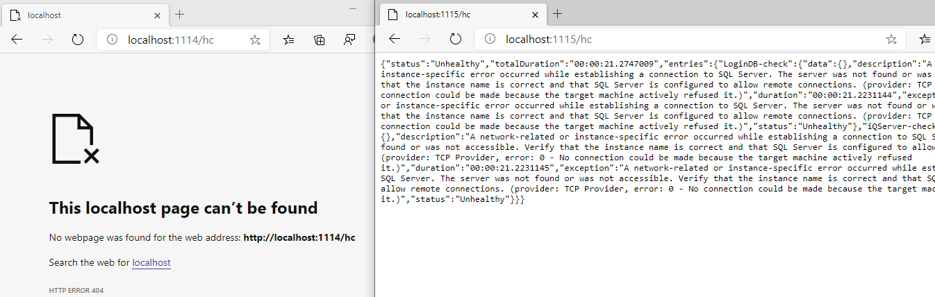 HealthCheck external shows 404 while internal shows detailed health status