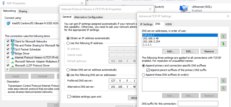 Network settings with 127.0.0.1 as DNS server
